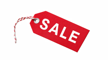 Vivid red sale tag with white bold letters, attached with string, showcasing discounts on transparent background