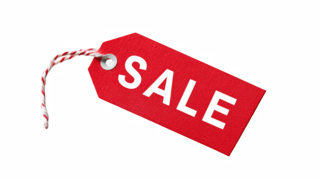 Vivid red sale tag with white bold letters, attached with string, showcasing discounts on transparent background