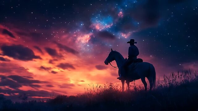 Lone Cowboy on Horseback Silhouetted Against a Dazzling Starry Night Sky.