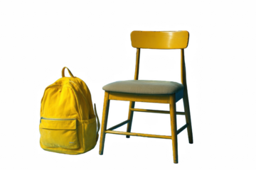 Cheerful yellow backpack alongside a matching yellow chair, evoking student memories, presented beautifully on transparent background.