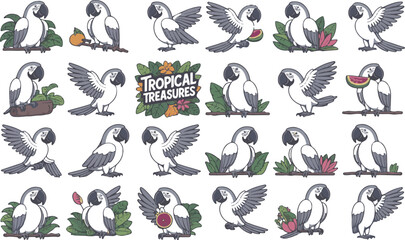 Obraz premium Adorable collection of cartoon macaw parrots with tropical elements and design accents