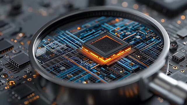 Close-up of a Magnifying Glass Over a Glowing Microchip on a Circuit Board, Symbolizing Deep Dive into Technology and Innovation