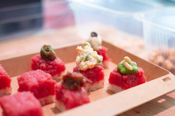 Organic meat sushi. Meat sushi recipe. Step by step preparation. Mixed tray of your choice.