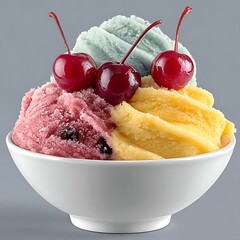 Delicious Triple Scoop Ice Cream Sundae With Cherries on Top