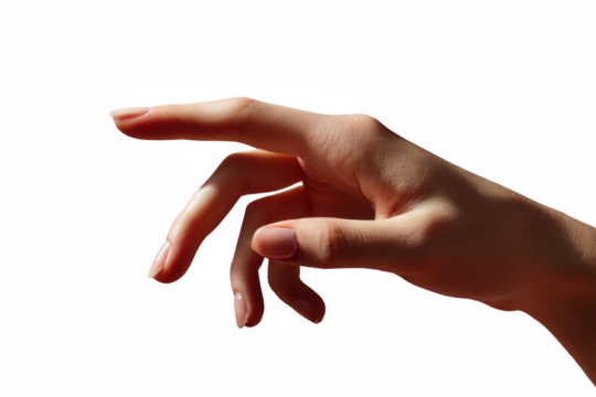 Elegant hand gesture, reaching or pointing, with delicate fingers and clean skin, beautifully isolated on transparent background