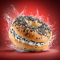 Freshly baked sesame seed bagel with creamy cheese and splashing water