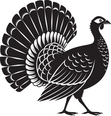 Elegant silhouette illustration of a turkey displaying its feathers in black and white