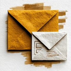 Two envelopes one large and golden and one small and white with decorative markings