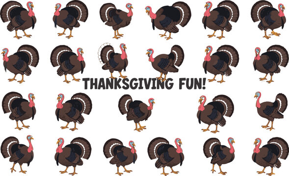 Festive illustration of repeated turkeys and thanksgiving text for holiday decorations