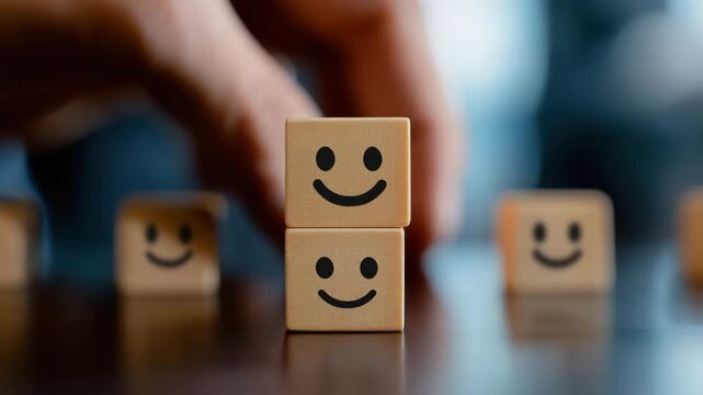 Person Stacking Wooden Blocks with Smiley Faces: Building Positive Relationships, happy