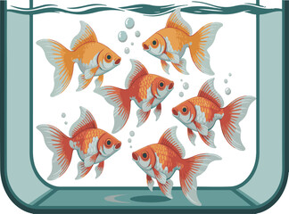 Six goldfish swimming happily inside a glass tank with bubbles of air for an aquarium