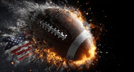 A fiery American football explodes with embers and a tattered US flag, against a dark background
