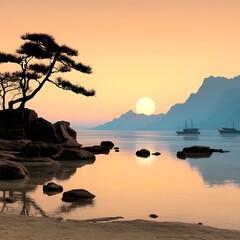 Serene Coastal Sunrise Over Tranquil Waters with Distant Mountains