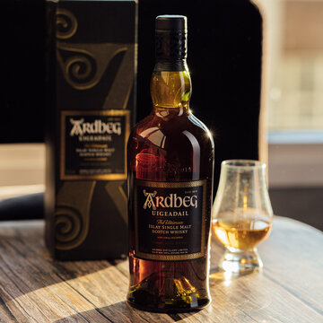 Ardbeg Islay Single Malt Scotch Whisky bottle editorial content classic and elegant drink
