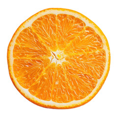 Close-up of an orange slice.  Bright, vibrant orange,  showing segments and pith.  Circular shape against black background