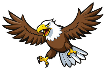 A bald eagle cartoon vector illustration flying with a red ribbon and a sign in its beak