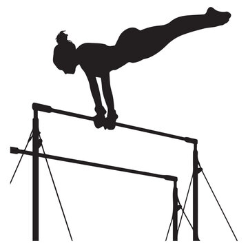 A gymnast performing a handstand on uneven bars isolated on white background