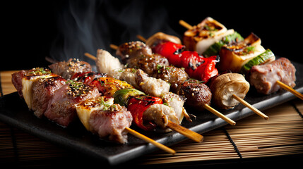 An overhead shot of grilled meat and vegetable skewers on a black plate with dark background
