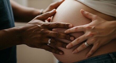 Close-up of two hands gently touching a pregnant mother's belly, one hand darker with silver rings, the other in a lighter tone, intimate and emotional moment, realistic style