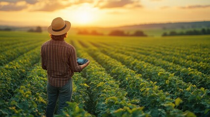 Farmer controlling drone with remote control in cultivated field at sunset, using modern technology in agriculture