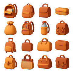 Backpack and bag 3d icon set. featuring backpack, satchel, pouch, handbag, duffle, flask, suitcase