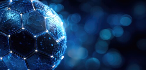 Naklejka premium A futuristic, wet, hexagonal soccer ball gleams against a blurred blue backdrop