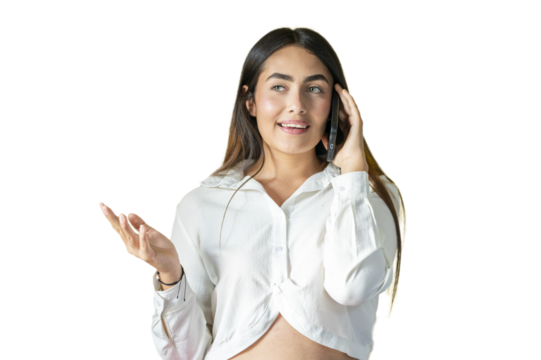 Woman talking on phone and gesturing with hand