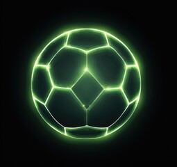 Naklejka premium A glowing green soccer ball, outlined in bright neon, sits against a pitch-black background; its panels subtly textured