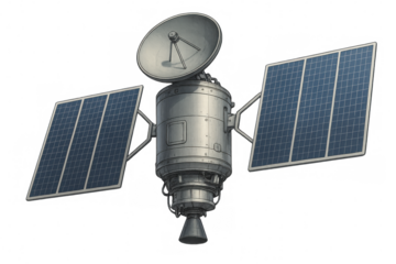 Satellite orbiting planet, deploying solar panels and communication antenna against transparent starry backdrop