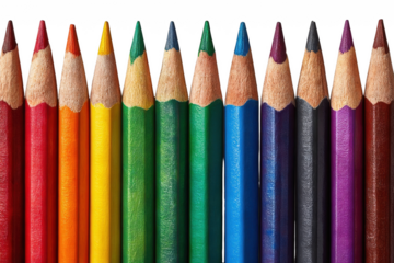 Vibrant assortment of sharpened colored pencils arranged in a horizontal row, showcasing a rainbow spectrum on transparent background.