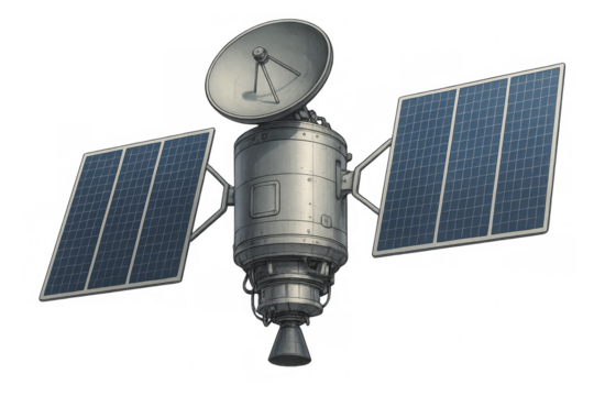 Satellite orbiting planet, deploying solar panels and communication antenna against transparent starry backdrop