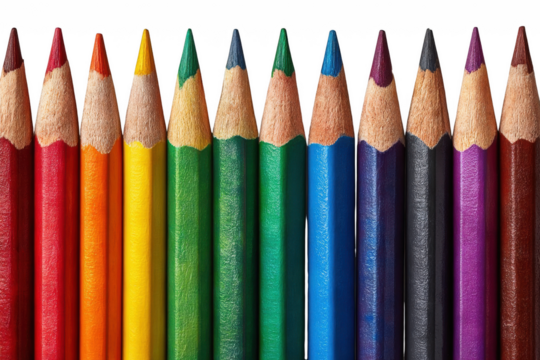 Vibrant assortment of sharpened colored pencils arranged in a horizontal row, showcasing a rainbow spectrum on transparent background.