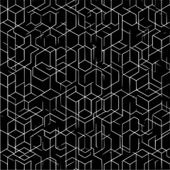 Complex geometric design featuring overlapping white hexagonal shapes on a black background creating depth