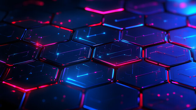 Futuristic hexagonal pattern with glowing blue and red lights creates dynamic and modern technology background. abstract design evokes sense of innovation and digital advancement
