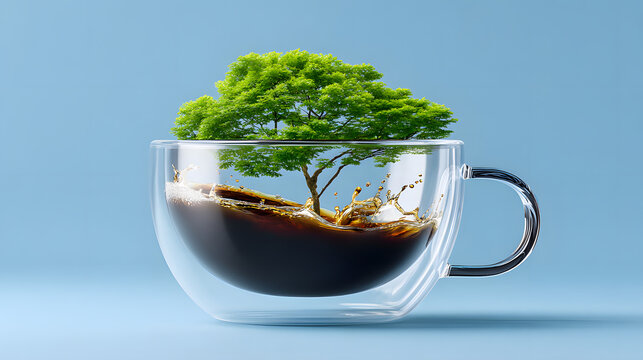 Tree grows from glass cup filled with coffee, symbolizing sustainability and nature harmony. clear cup contrasts with vibrant green tree, creating surreal and thought provoking image