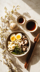 Overhead view of udon noodle soup with egg and mushrooms and soy sauce on a white table top