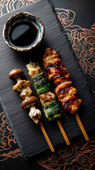 A top down view of yakitori skewers with mushrooms and leeks on a dark slate board with soy sauce