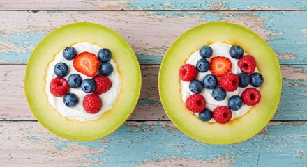 Fresh Fruit Cups with Strawberries, Blueberries, Raspberries, and Yogurt in Melon Halves on Rustic Wood Background