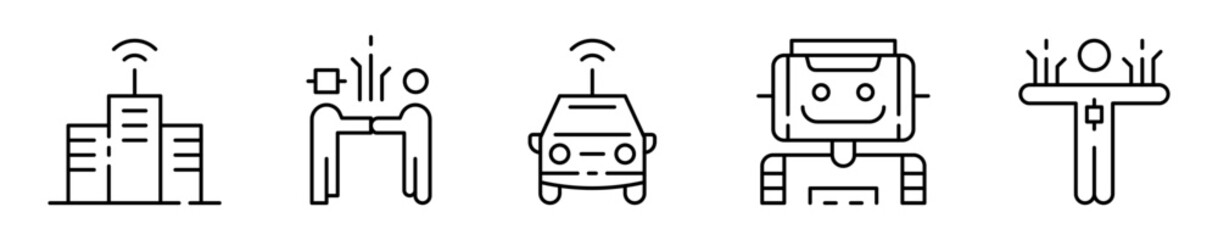 Conjunto de iconos de tecnología del futuro. Innovación y automatización. Ciudad inteligente, inteligencia artificial, carro eléctrico, robot y conexión. Ilustración vectorial © Frank