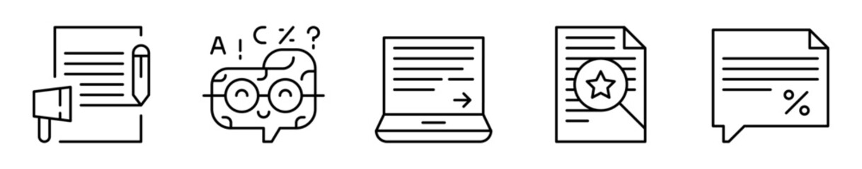 Conjunto de iconos de redacción publicitaria. Escritura persuasiva y creativa. Contenido en redes, análisis de información, escritura en computador y edición de textos