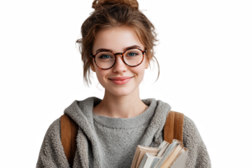 Portrait of a cheerful and confident student girl with books and glasses on transparent background