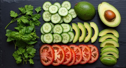 Fresh Green Ingredients and Sliced Vegetables Ready for Healthy Meal Preparation and Culinary Arts
