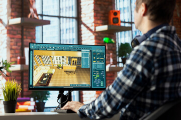 Interior designer interacting with 3D modeling software interface, choosing furniture units,...