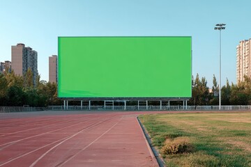 A large, blank, green screen billboard stands prominently in a stadium setting, adjacent to a running track, under a clear sky.  Residential buildings are visible in the background