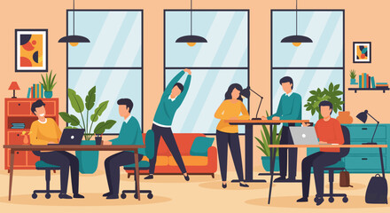 Modern Coworking Space Illustration: Diverse Team Working and Relaxing