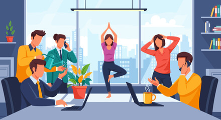 Modern office workers balancing work and wellbeing: yoga, phone calls, and teamwork. Ideal for presentations on work-life balance.