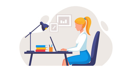 Young businesswoman working on laptop at her desk. Perfect for website banners, business presentations, or marketing materials.