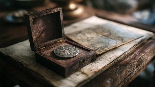 Vintage nautical compass in wooden box on ancient map in rustic explorer's setting