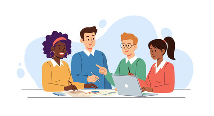 Diverse team collaborating on project, perfect for website banners or business presentations.