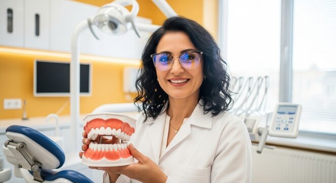 smiling indian female dentist holding dental model in modern clinic. dental health, oral hygiene, professional care. educational material, healthcare promotion, medical article. - Powered by Adobe
